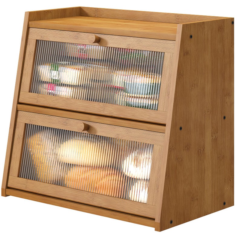 viewcare Extra Large Bread Box, Double Layer Bread Box for Kitchen Counter, Bamboo Wood Large Capacity Bread Storage Bin with Acrylic Wavy Door Panel - Image 1