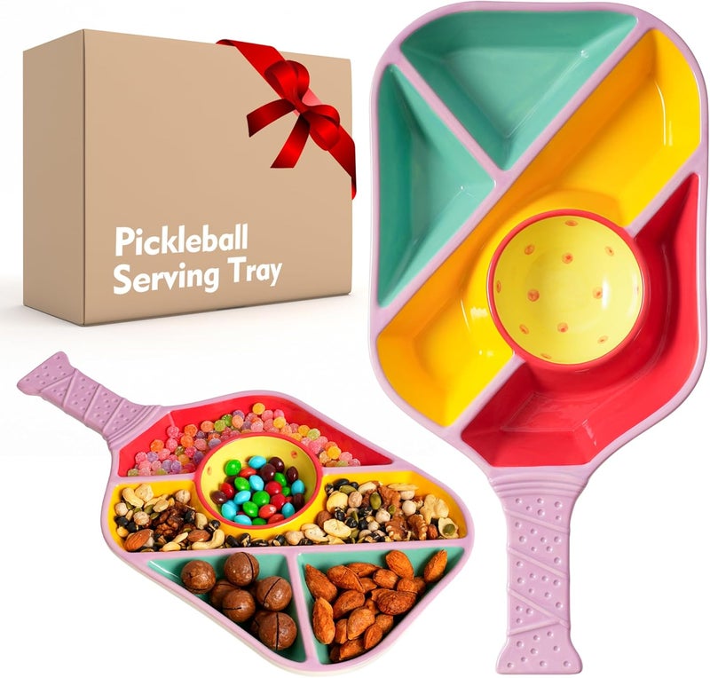 Payarma Pickleball Snack Serving Tray - Ceramic Bat Shaped Snack Platter with 5 Compartments & Dip Bowl - Fun Gift for Man & Women, Parties, Father's Day & Pickleball Accessories(Pink) - Image 1