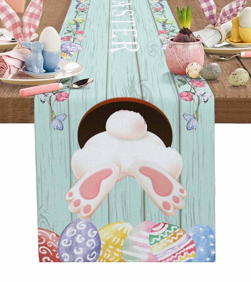 HELLOWINK Happy Easter Bunny Tail Egg Table Runners 13x70inch Farmhouse Rustic Wood Cotton Linens Table Cloth Dresser Scarves for Parties Wedding CoffeeDinning Table Runner Home Decorations