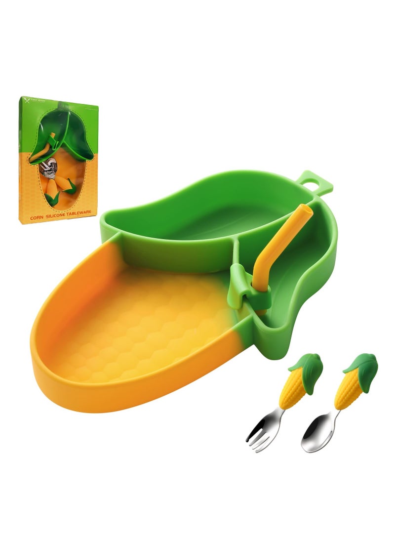 BPA Free Corn Toddler Suction Plate with Divided Sections and Toddler Fork and Spoon, Microwave and Dishwasher Safe - Image 1