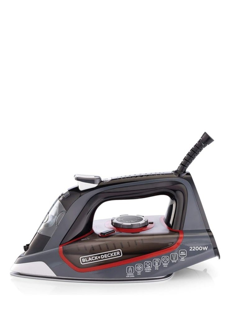 Black & Decker 2200W 90g/min Steam Steam Iron With 380ml Capacity, Ceramic Coated Soleplate with Anti Calc Anti Drip, Self Clean and Auto Shutoff, Removes Stubborn Creases X2050-B5 2 Years Warranty