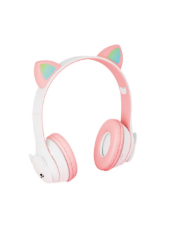 Cat Ear Kids Headphones, Bluetooth 5.0 Wireless Kids Gaming Headset with Microphone, LED Light, HIFI Stereo Sound, Comfortable On-Ear Design, Long Battery Life MZ-004-Pink
