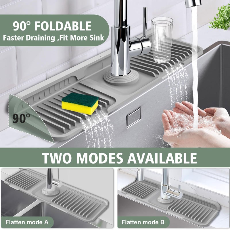 Hugro Tarfive 17.7-Inch Kitchen Sink Splash Guard Mat | 7Â° Slope for Fast Self-Draining | Snap-Lock Design | Universal & Cuttable Silicone Faucet Mat Gray - Image 5