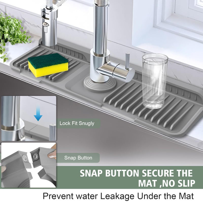 Hugro Tarfive 17.7-Inch Kitchen Sink Splash Guard Mat | 7Â° Slope for Fast Self-Draining | Snap-Lock Design | Universal & Cuttable Silicone Faucet Mat Gray - Image 2