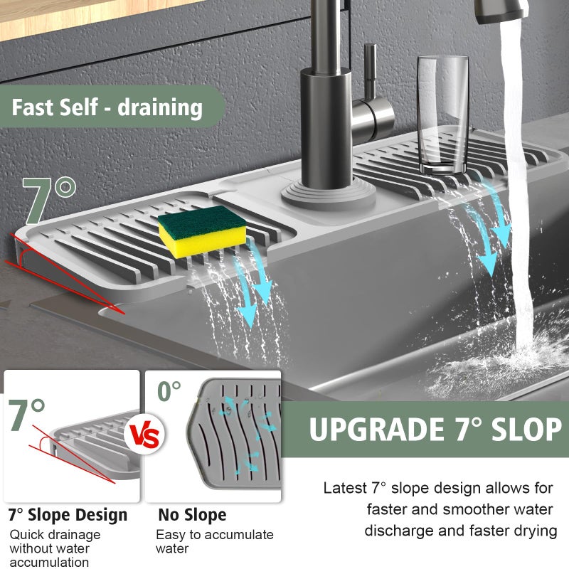 Hugro Tarfive 17.7-Inch Kitchen Sink Splash Guard Mat | 7Â° Slope for Fast Self-Draining | Snap-Lock Design | Universal & Cuttable Silicone Faucet Mat Gray - Image 4
