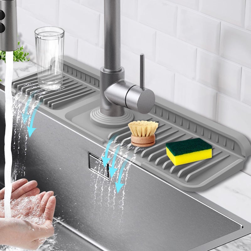 Hugro Tarfive 17.7-Inch Kitchen Sink Splash Guard Mat | 7Â° Slope for Fast Self-Draining | Snap-Lock Design | Universal & Cuttable Silicone Faucet Mat Gray - Image 1