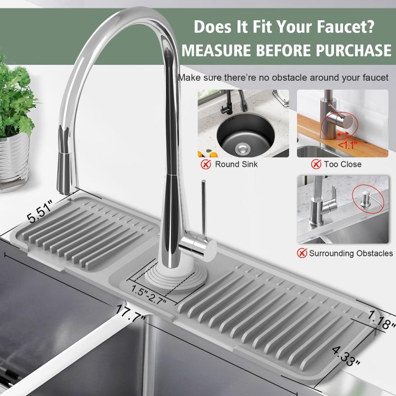 Hugro Tarfive 17.7-Inch Kitchen Sink Splash Guard Mat | 7Â° Slope for Fast Self-Draining | Snap-Lock Design | Universal & Cuttable Silicone Faucet Mat Gray - Image 3