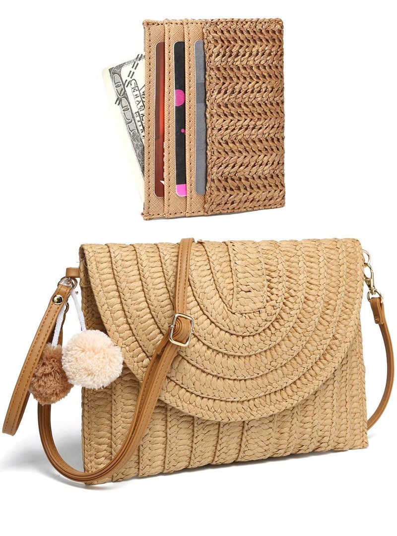 YIKOEE Straw Bag and Card Holder Set for Women Summer Beach Purse Woven Bag With PomPom - Image 1
