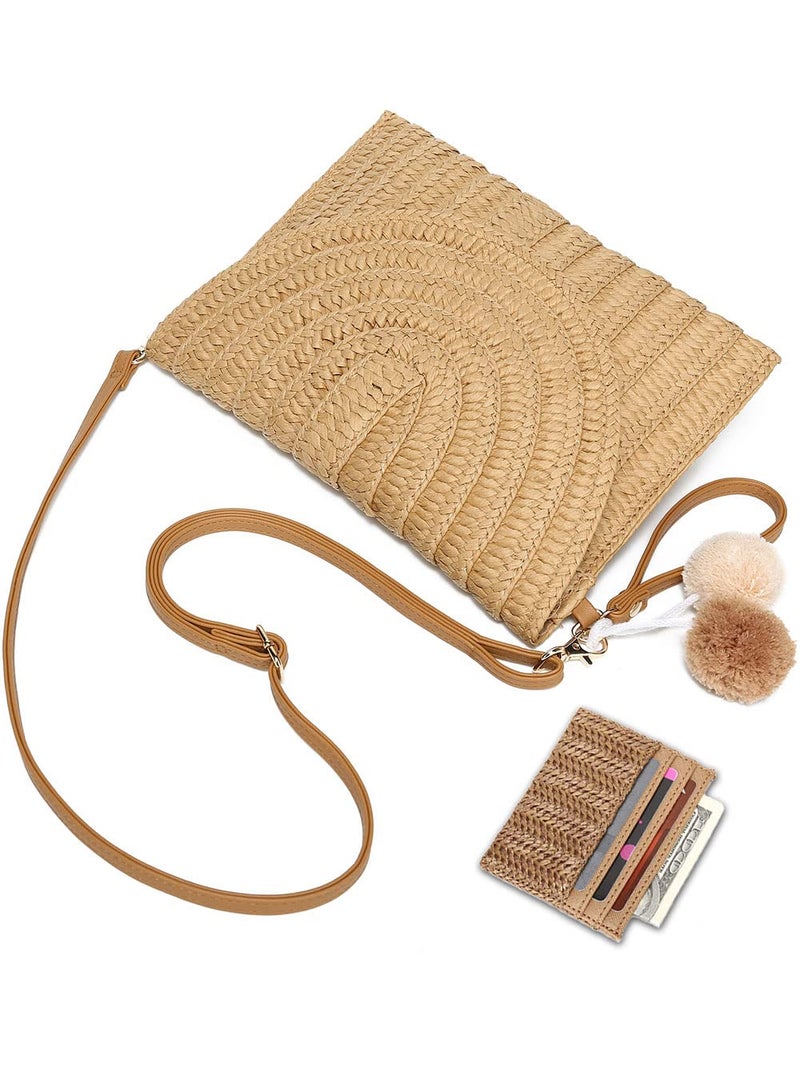 YIKOEE Straw Bag and Card Holder Set for Women Summer Beach Purse Woven Bag With PomPom - Image 4