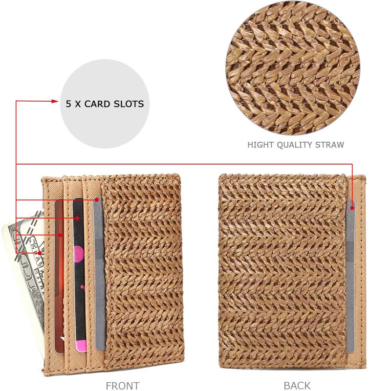 YIKOEE Straw Bag and Card Holder Set for Women Summer Beach Purse Woven Bag With PomPom - Image 5