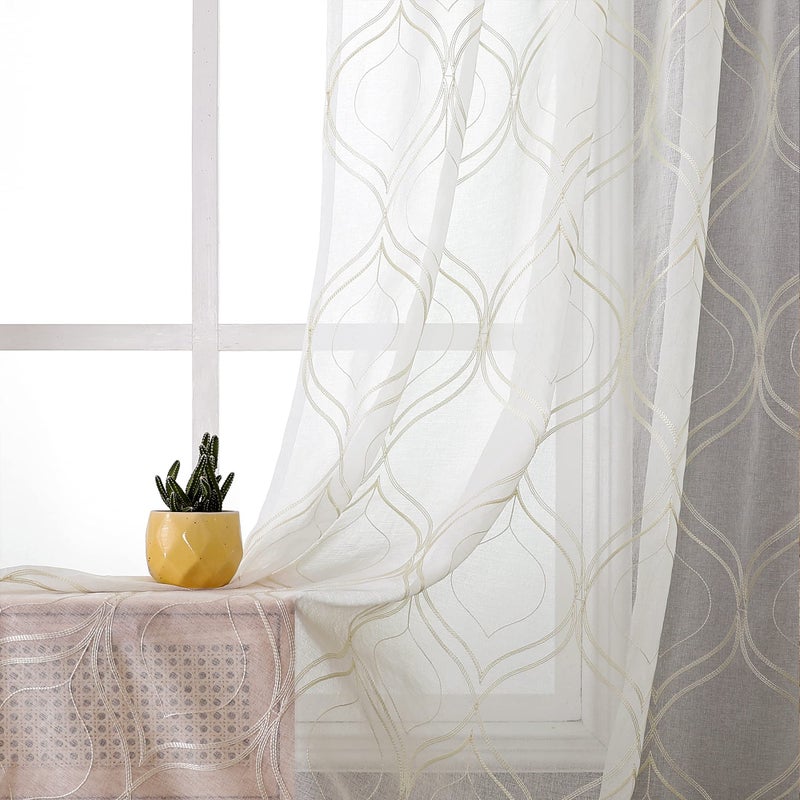 VISIONTEX VISIONTEX 2 Pieces Moroccan Trellis Embroiderd White Sheer Curtains Euro Style Faux Linen Rod Pocket Voile Tulle Semi Window Treatment Drapes for Window Door and Bathroom 54 x 72 Beige 