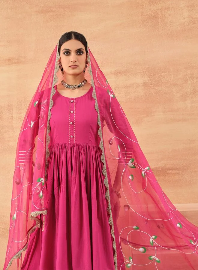 ISHIN Women's Pink 100% Cotton Printed Tunic Top With Ankle Palazzo Straight 3 Peice Kurta Set