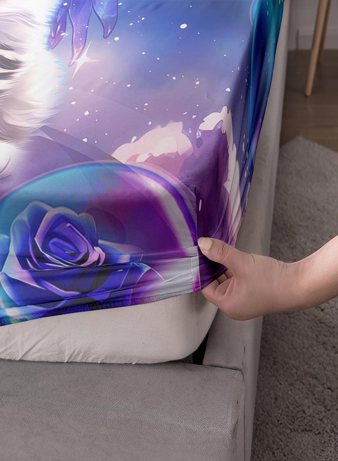 AILONEN Twin Size Fitted Sheet Set, Purple Tie Dye Rose Flower Pet Cat Kitten Bed Sheet, 3 Pieces Printed Fantasy Galaxy Wings With 2 Pillowcases - Image 4