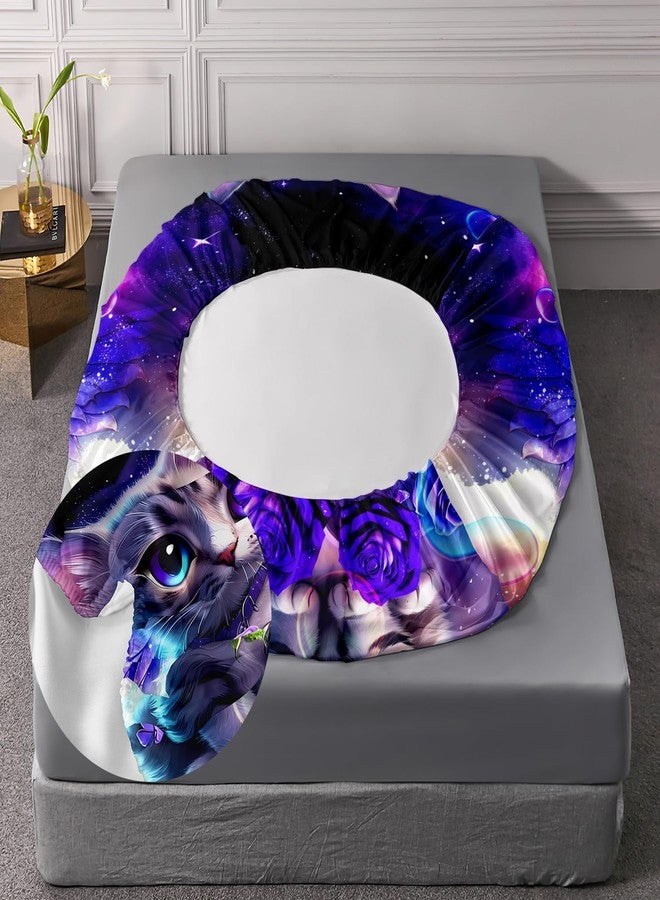 AILONEN Twin Size Fitted Sheet Set, Purple Tie Dye Rose Flower Pet Cat Kitten Bed Sheet, 3 Pieces Printed Fantasy Galaxy Wings With 2 Pillowcases - Image 5