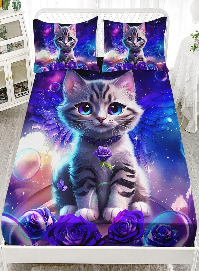 AILONEN Twin Size Fitted Sheet Set, Purple Tie Dye Rose Flower Pet Cat Kitten Bed Sheet, 3 Pieces Printed Fantasy Galaxy Wings With 2 Pillowcases - Image 1