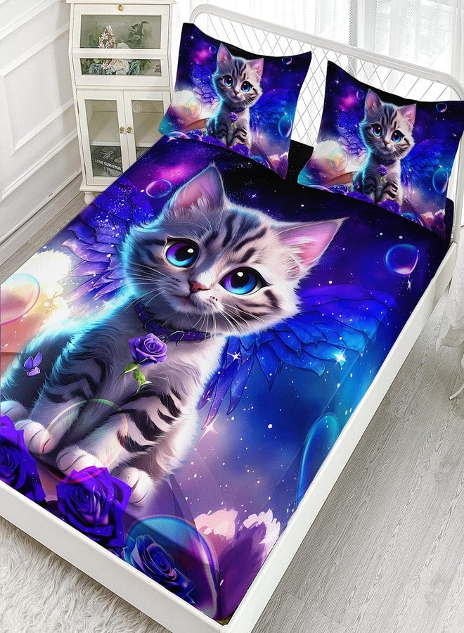 AILONEN Twin Size Fitted Sheet Set, Purple Tie Dye Rose Flower Pet Cat Kitten Bed Sheet, 3 Pieces Printed Fantasy Galaxy Wings With 2 Pillowcases - Image 2