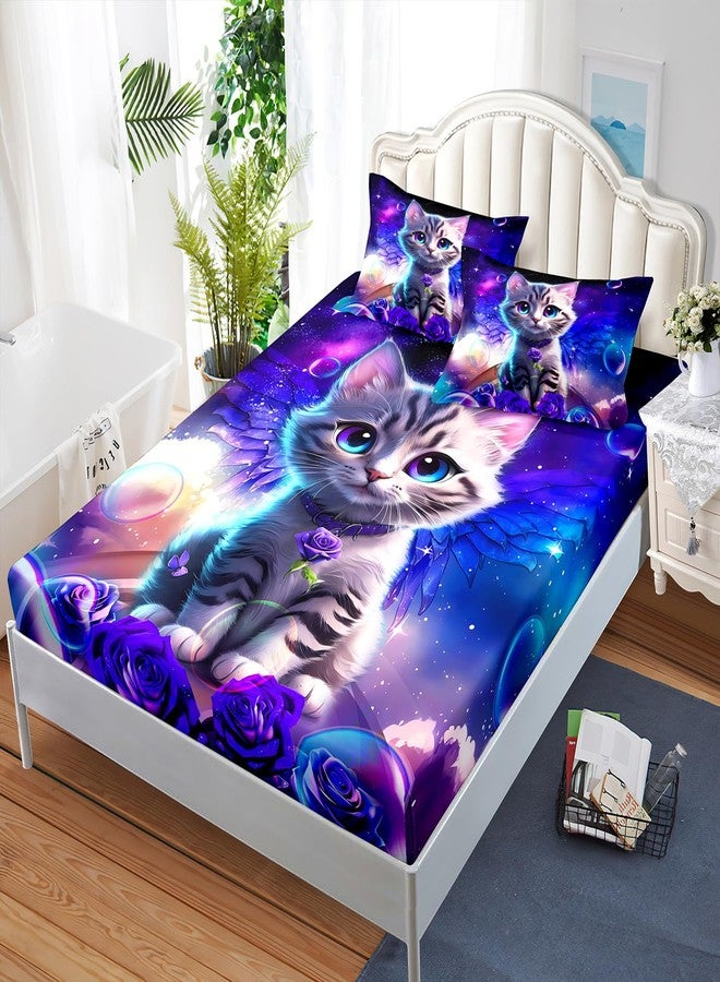 AILONEN Twin Size Fitted Sheet Set, Purple Tie Dye Rose Flower Pet Cat Kitten Bed Sheet, 3 Pieces Printed Fantasy Galaxy Wings With 2 Pillowcases - Image 3
