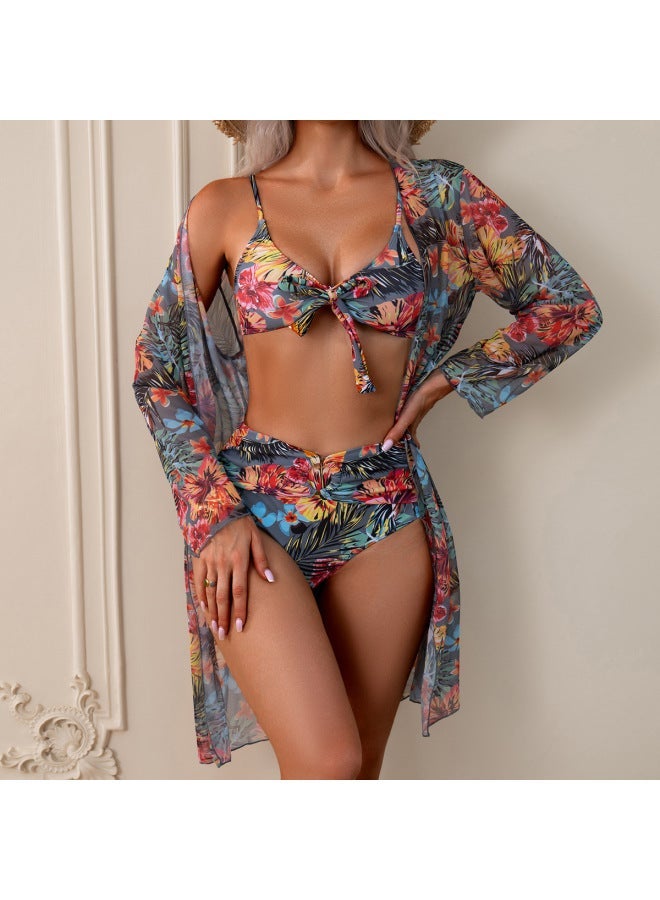 Generic Swimsuit Women's Long Blouse Split Three-piece Printed Bikini Swimsuit-Color:Picture Color-Size:L - Image 2
