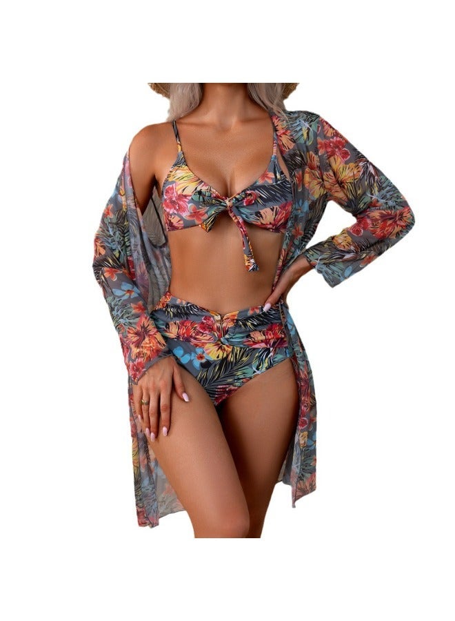 Generic Swimsuit Women's Long Blouse Split Three-piece Printed Bikini Swimsuit-Color:Picture Color-Size:L - Image 3