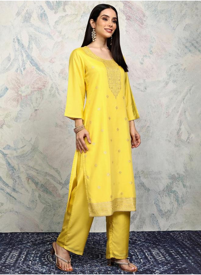 Vishudh Women Yellow Printed Viscose Kurta Set by Styli  - Image 5
