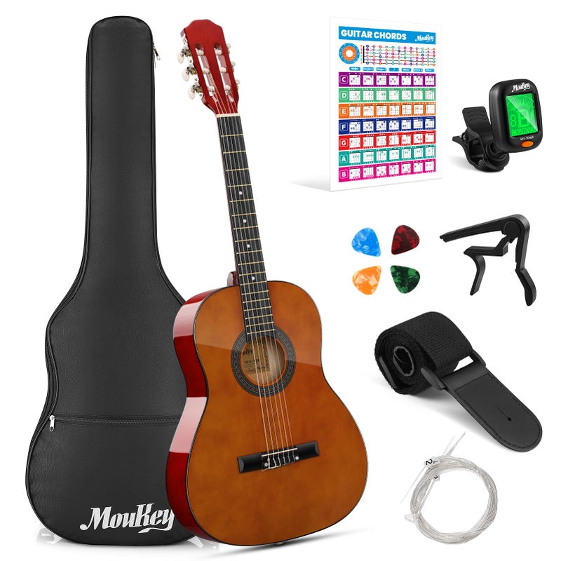 Moukey 36 Acoustic Guitar for Beginners Kids Youth 34 Size Dreadnought Travel Guitarra Acustica Kit with Chord Poster Gig Bag Tuner Picks Nylon Strings Capo Strap Brown
