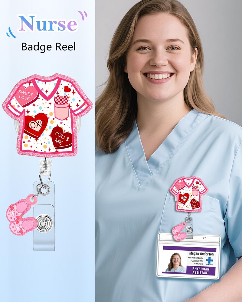 Besoar Valentine Badge Reel Holder Clip - Cute Pink Nurse Scrubs Heart Retractable ID Name Card Badge Reel with Charm Alligator Clip, Office Nurse Nursing Medical Worker Student Accessories Gifts - Image 2