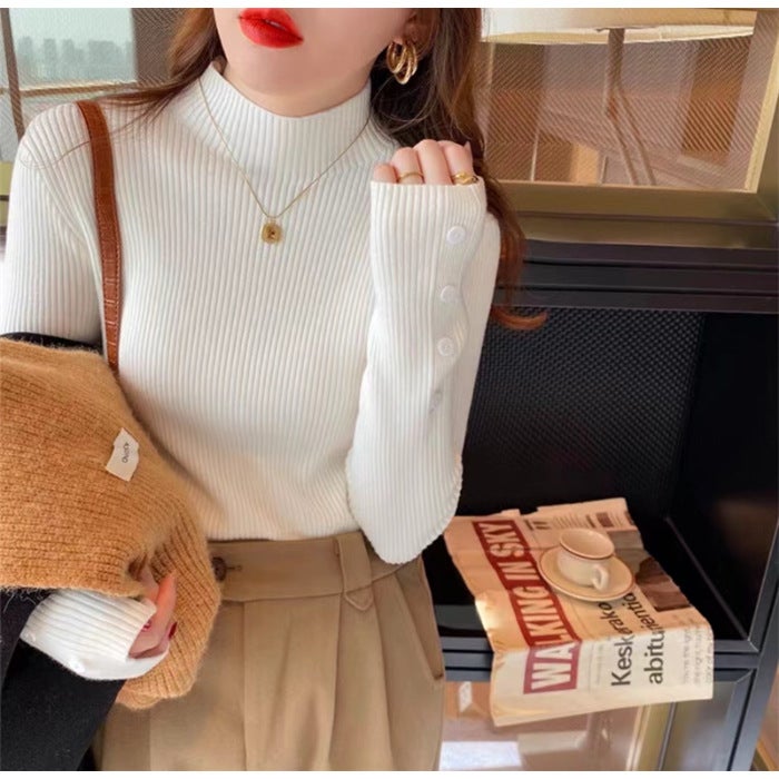 Half turtleneck sweater bottoming shirt womens autumn and winter 2025 new inside explosion foreign style solid color all-match knitted top White