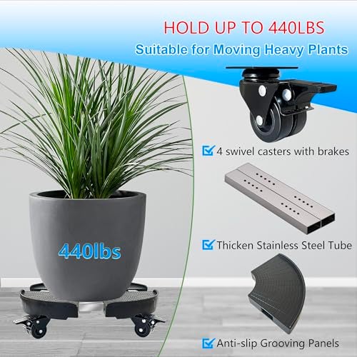 C CASIMR CASIMR Plant Caddy with Wheels, Heavy Duty 440lbs Capacity Rolling Plant Stand, 15-20 Inch Adjustable Indoor Outdoor Plant Dolly, Round Plant Roller Base Flower Pot Rack Holder Trolley Casters Tray - Image 2