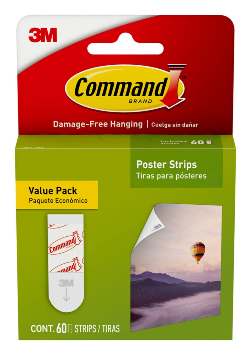 Command Poster Strips  Damage Free Hanging Poster Hangers  No Tools Wall Hanging  60 White Adhesive Strips - Image 1
