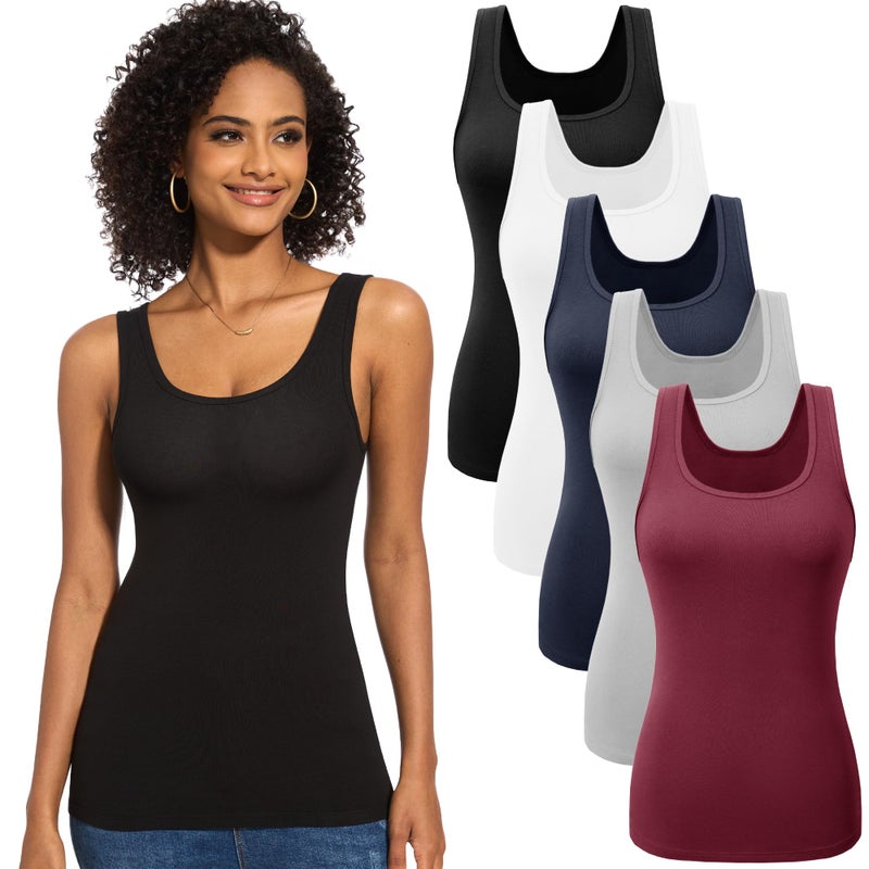 TVKSOM 5 Pack Basic Tank Tops for Women Undershirt Ribbed Sleeveless Scoop Neck Casual Layering Basic Tanks Top - Image 1