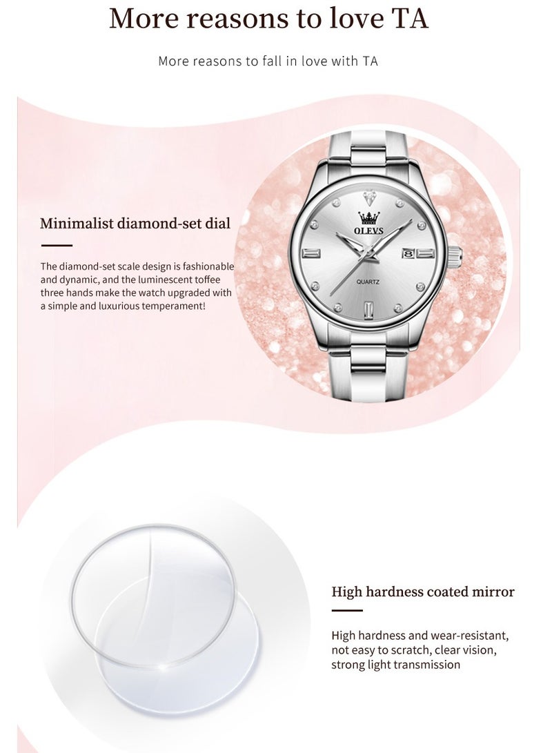 أوليفز ساعة نسائية بسيطة وفاخرة مقاومة للماء، حركة كوارتز بحزام من الفولاذ المقاوم للصدأ، مضيئة، مع وظيفة التاريخ - Image 4