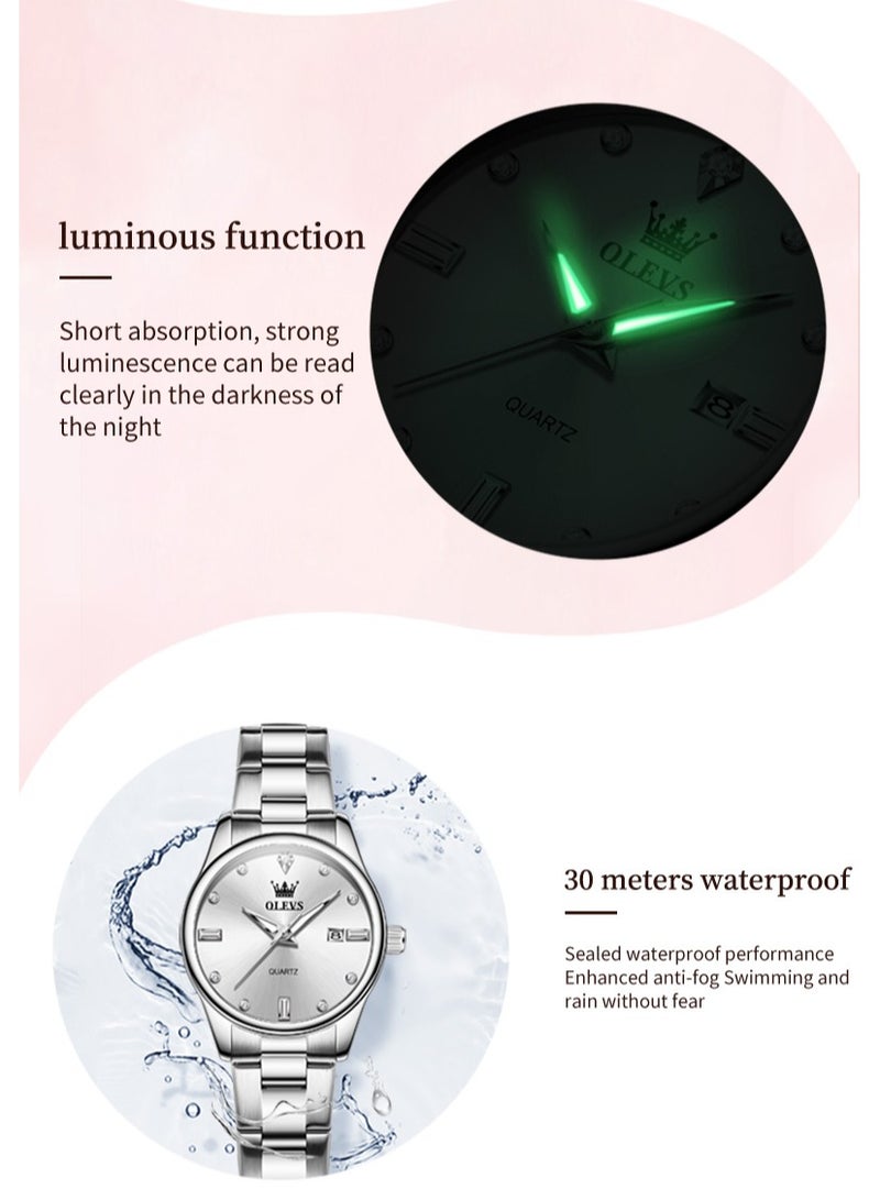 أوليفز ساعة نسائية بسيطة وفاخرة مقاومة للماء، حركة كوارتز بحزام من الفولاذ المقاوم للصدأ، مضيئة، مع وظيفة التاريخ - Image 5