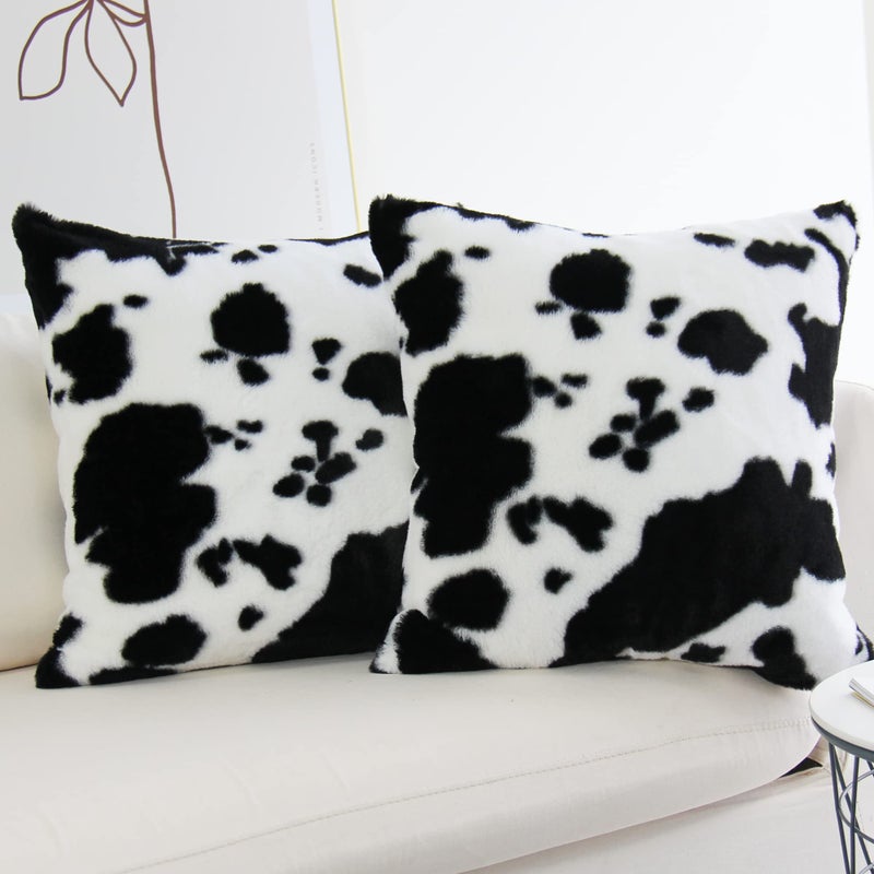 JOJUSIS Cowhide Throw Pillow Covers Farmhouse Animal Skin Soft Cozy Fleece Flurry Cushion Case Cow Pattern Faux Fur Pillowcases for Couch Bedroom Set of 2 18 x 18 Inch Black