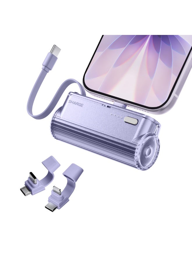 شارج بنك طاقة SHARGE Flow Mini 2 بسعة 5000 مللي أمبير في الساعة، شحن سريع بقوة 22.5 واط، موصل قابل للتبديل (USB-C وLightning)، كابل USB-C مدمج، شاحن محمول لا يحتاج إلى كابلات خارجية – لون بنفسجي - Image 3
