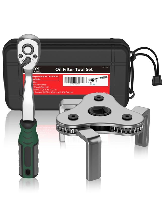 Moker Universal Oil Filter Wrench, Adjustable 3 Jaw Oil Filter Remover Tools from 2-1/8 To 4-1/2 inches (54-115mm),with 72 Tooth Quick Release Ratchet,Storage Case Included - Image 1