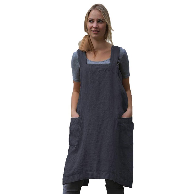 Larmliss Womens Pinafore Square Apron Baking Cooking Gardening Works Cross Back CottonLinen Blend Dress with 2 Pockets Dark GrayS