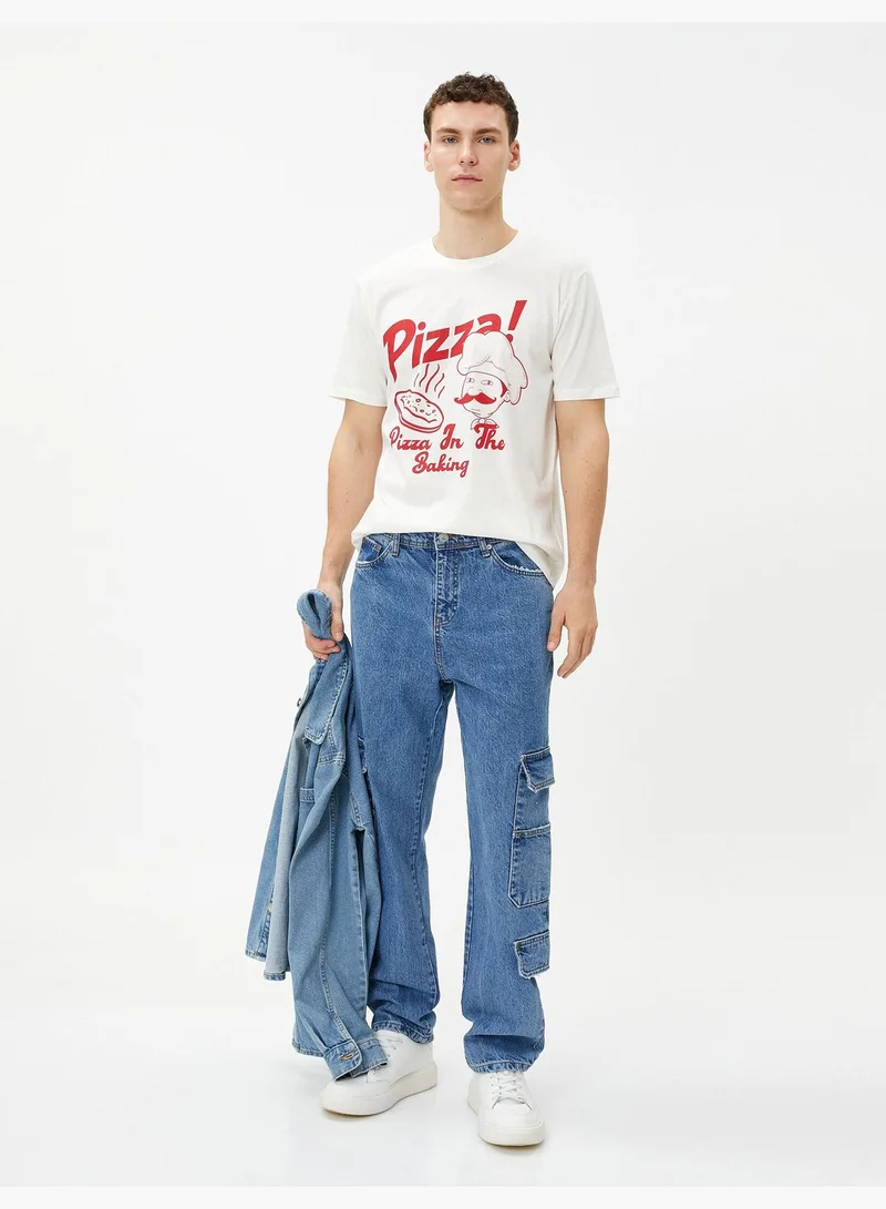 كوتون Slogan Printed T-Shirt Pizza Themed Crew Neck Cotton