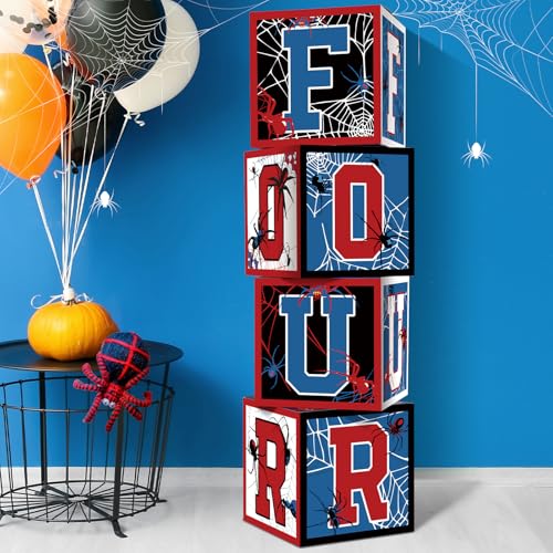 Feifeiya 4 Pcs Spider 4th Birthday Decoration Spider Theme Balloon Boxes One Baby Letter Box Theme One Blocks for Boy Fourth Birthday Party Decoration Backdrop Photoshoot Props - Image 1