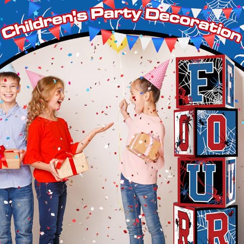 Feifeiya 4 Pcs Spider 4th Birthday Decoration Spider Theme Balloon Boxes One Baby Letter Box Theme One Blocks for Boy Fourth Birthday Party Decoration Backdrop Photoshoot Props - Image 5