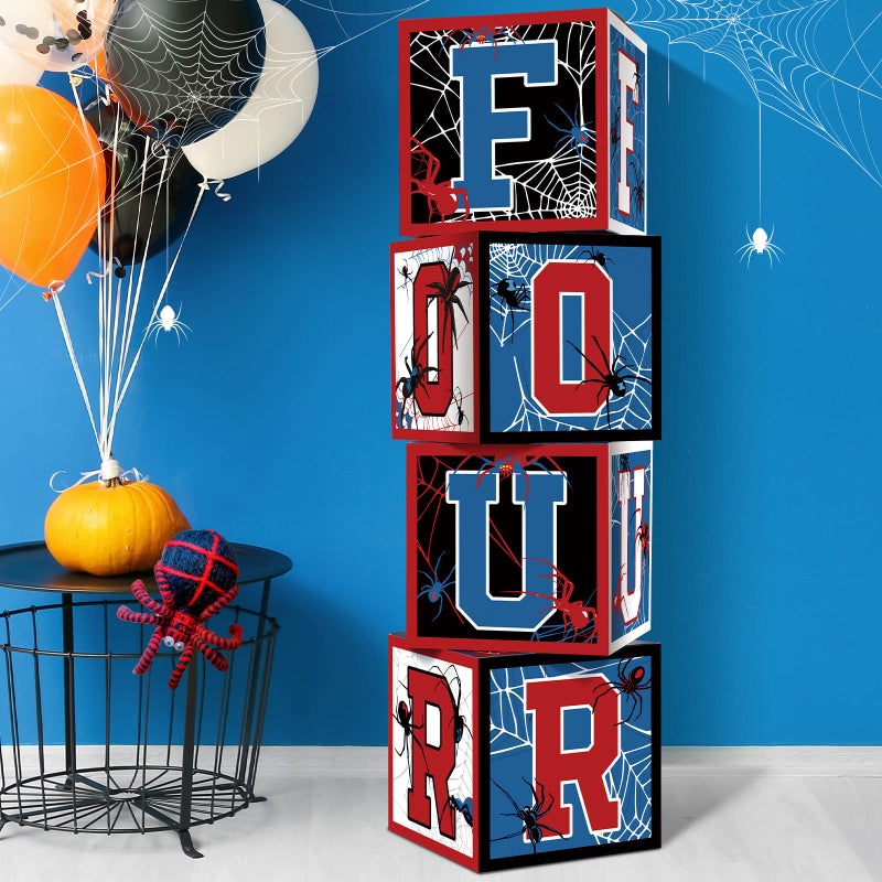 Feifeiya 4 Pcs Spider 4th Birthday Decoration Spider Theme Balloon Boxes One Baby Letter Box Theme One Blocks for Boy Fourth Birthday Party Decoration Backdrop Photoshoot Props - Image 2