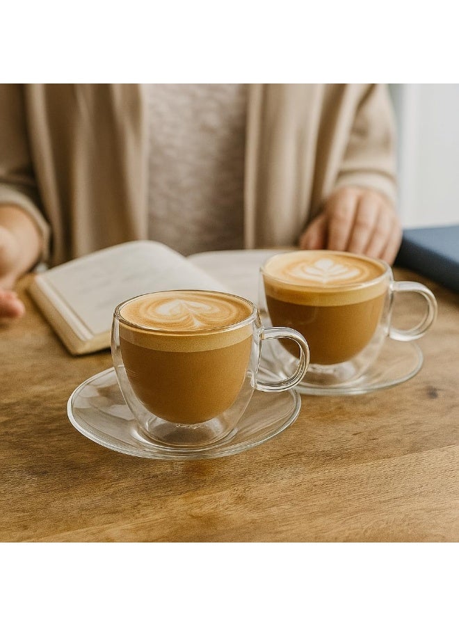 BS كوب زجاجي مزدوج الجدار مع صحن | مجموعة إسبريسو وشاي 120 مل | زجاج بوروسيليكات مقاوم للحرارة | تصميم معزول | 2 قطعة | ملحقات المطبخ | صديق للبيئة | مجموعة أنيقة جاهزة للهدايا - Image 1