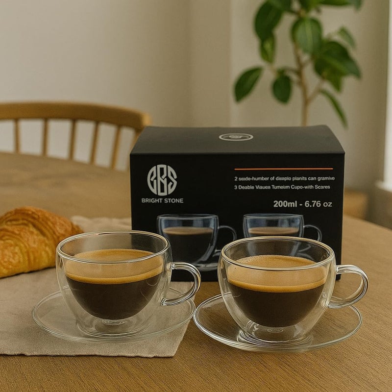 BS كوب زجاجي مزدوج الجدار مع صحن | مجموعة إسبريسو وشاي 120 مل | زجاج بوروسيليكات مقاوم للحرارة | تصميم معزول | 2 قطعة | ملحقات المطبخ | صديق للبيئة | مجموعة أنيقة جاهزة للهدايا - Image 4