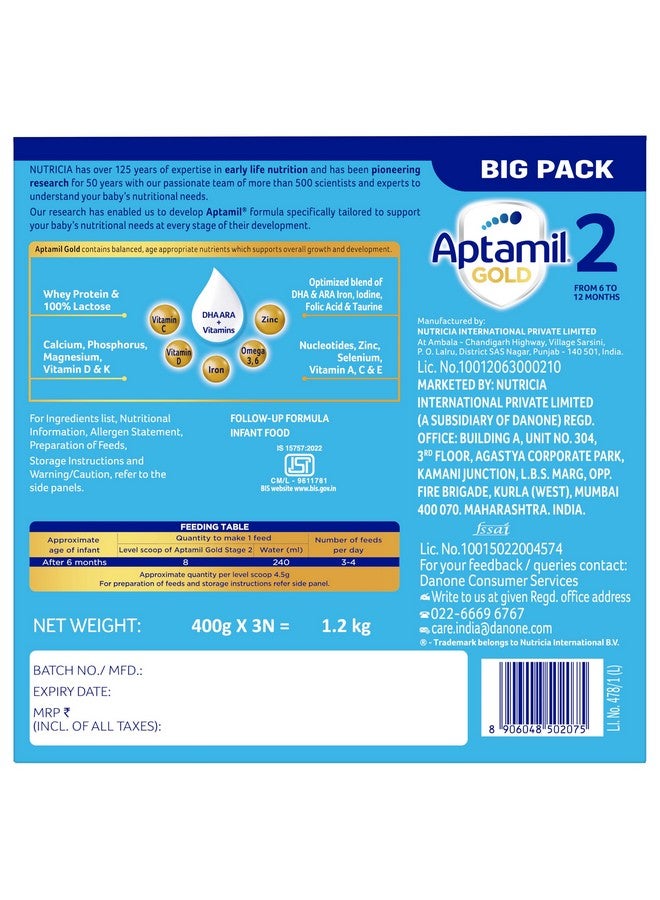 Aptamil Aptamil Gold Infant Formula Milk Powder for Babies - Stage 2 (6-12 Months) - with Prebiotics and DHA - 1.2 kgs - Large Pack - Image 3