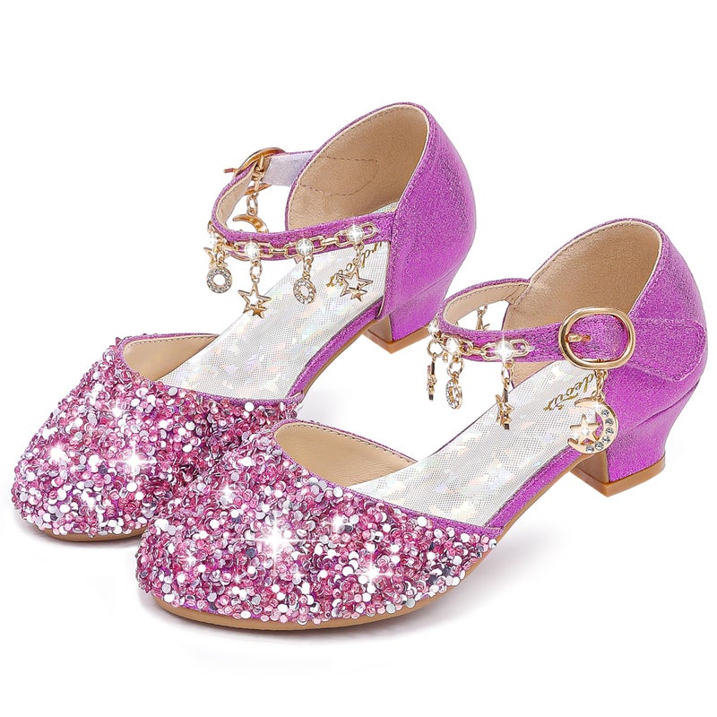 Furdeour Girls Sandals Heels Flower Wedding Party Little Kid Princess for Toddler High Heel Size 12(2902Purple 12) - Image 1
