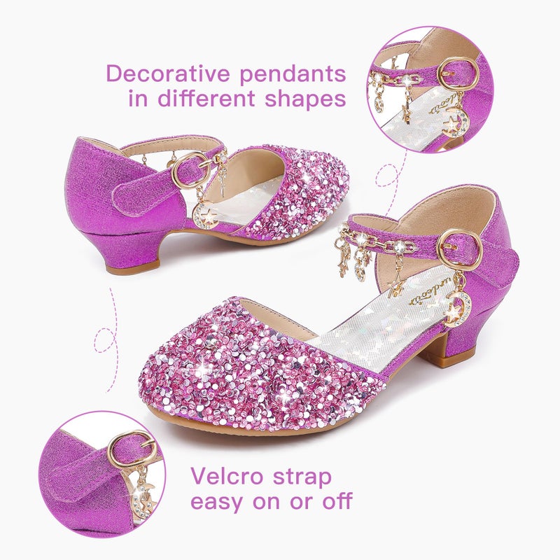 Furdeour Girls Sandals Heels Flower Wedding Party Little Kid Princess for Toddler High Heel Size 12(2902Purple 12) - Image 4