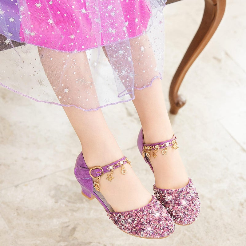 Furdeour Girls Sandals Heels Flower Wedding Party Little Kid Princess for Toddler High Heel Size 12(2902Purple 12) - Image 2