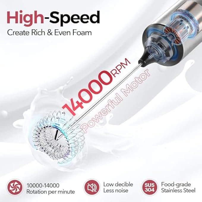 أوفردنسي عصا رغوة الحليب القابلة لإعادة الشحن المحمولة مع حامل، خلاط مشروبات قابل للتعديل بثلاث سرعات مع خفاقة، محرك كهربائي من الفولاذ المقاوم للصدأ للقهوة واللاتيه ومخفوقات البروتين وبيض الماتشا - Image 5