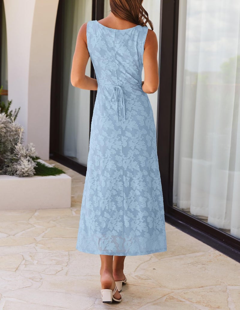 MEROKEETY Womens 2026 Summer Floral Maxi Dress Sleeveless Tie Waist Elegant Formal Bodycon Wedding Guest Party Long Dresses, Blue, Medium - Image 4