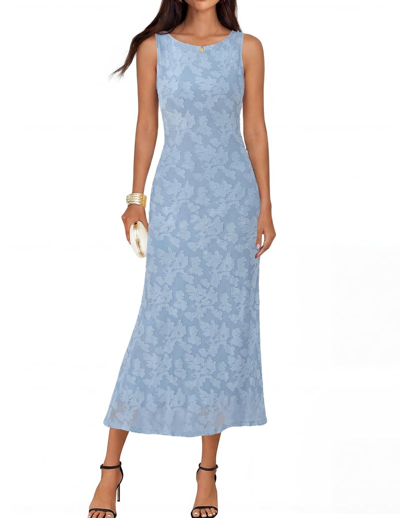 MEROKEETY Womens 2026 Summer Floral Maxi Dress Sleeveless Tie Waist Elegant Formal Bodycon Wedding Guest Party Long Dresses, Blue, Medium - Image 1