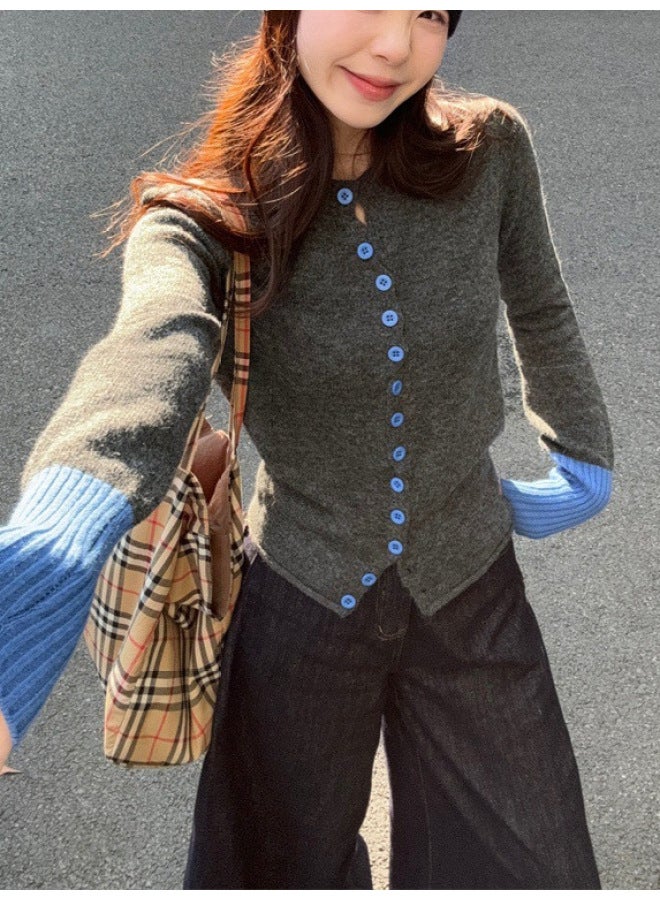 Leyuan Autumn And Winter Fashion Youthful Color-block Round Neck Knitted Cardigan Jacket Soft Loose Casual Women's Sweater - Image 3